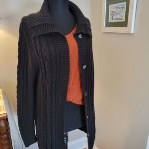 LL Bean Long Black Cable Knit Cotton Cardigan